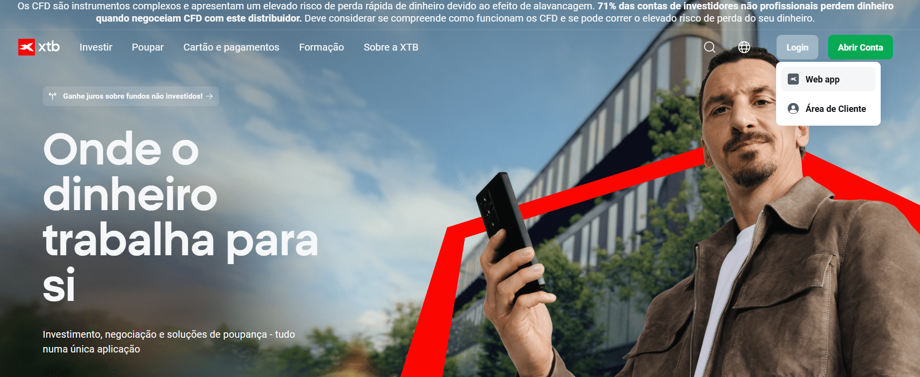 Homepage da XTB a mostrar botÃ£o de login com acesso a XStation 5