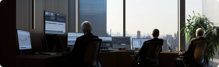 TrÃªs indivÃ­duos sentados a uma secretÃ¡ria, concentrados em vÃ¡rios monitores de computador que exibem vÃ¡rios dados e grÃ¡ficos