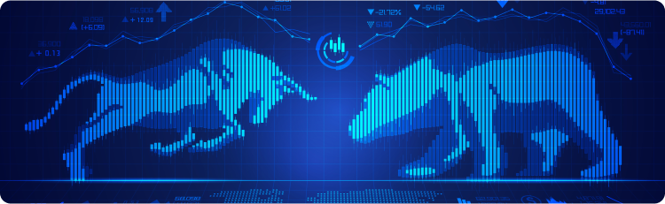 Um urso e um touro travam uma luta feroz contra um fundo azul, simbolizando uma batalha entre as forÃ§as do mercado