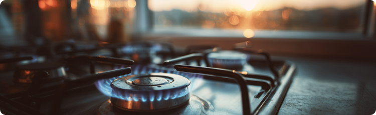 FogÃµes a gÃ¡s com chamas azuis brilhando ao pÃ´r do sol, simbolizando o consumo residencial de energia e o papel do gÃ¡s natural nos serviÃ§os pÃºblicos e investimentos