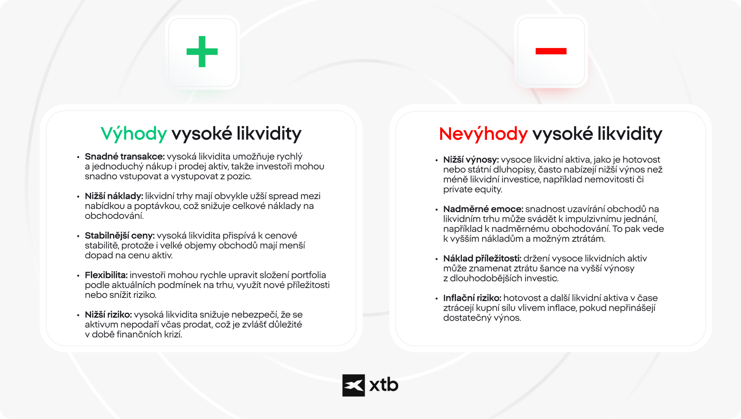 VizuÃ¡lnÃ­ srovnÃ¡nÃ­ znÃ¡zorÅujÃ­cÃ­ vÃ½hody a nevÃ½hody vysokÃ© likvidity v kontextu financÃ­.