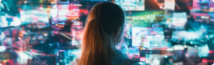 Seorang wanita berambut panjang menatap layar dengan latar beberapa layar berwarna-warni yang hidup