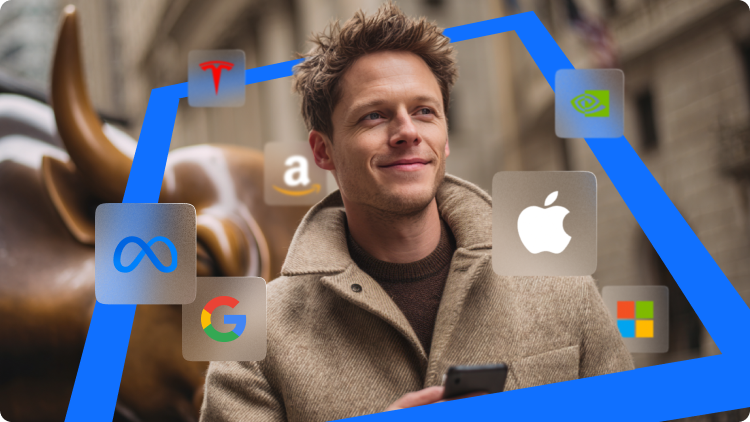 Seorang pria berdiri di depan patung banteng Wall Street dengan logo perusahaan Big Tech (Tesla, Amazon, Apple, Microsoft, Google, Meta, Nvidia) melayang di sekelilingnya, dibingkai oleh bentuk geometris biru.