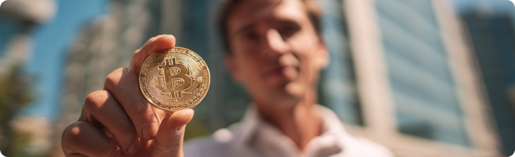 Close-up de um homem segurando uma moeda Bitcoin dourada com o fundo desfocado do distrito financeiro, simbolizando a propriedade da moeda digital.