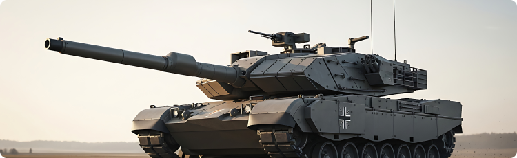 Tank militer modern bermotif kamuflase di area latihan, dengan tanda Bundeswehr terlihat.