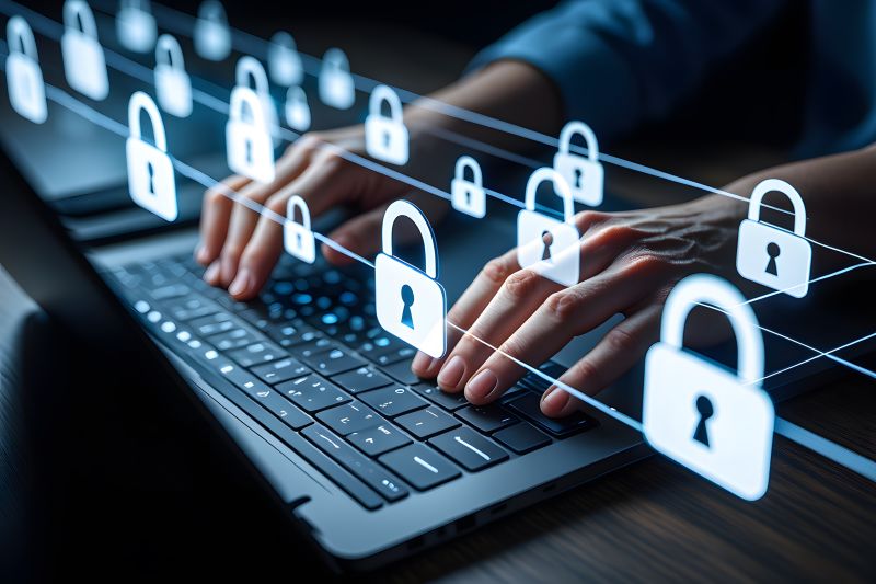 Imagen de una persona frente a un ordenador en el que se ven candados superpuestos en un artÃ­culo sobre quÃ© es el vishing