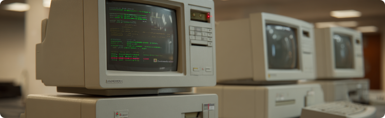 StarÃ© osobnÃ­ poÄÃ­taÄe z 80. let s monochromatickÃ½mi monitory a zobrazenÃ½m programovacÃ­m kÃ³dem na obrazovce, symbolizujÃ­cÃ­ poÄÃ¡tky Ã©ry Microsoftu a vÃ½voj softwaru.