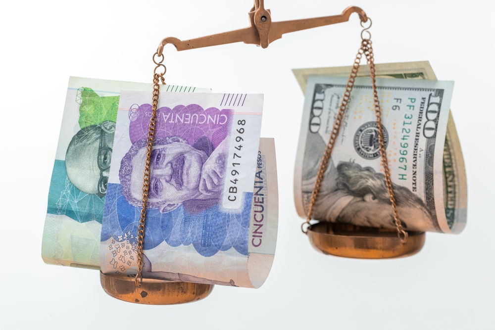 tipos de cambio, peso colombiano vs dÃ³lar estadounidense, fondo blanco, concepto financiero