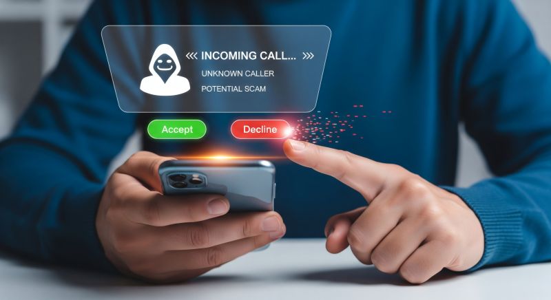 Imagen de una persona con un mÃ³vil del que sale un grÃ¡fico que dice "potencial estafa" en un articulo sobre quÃ© es el vishing