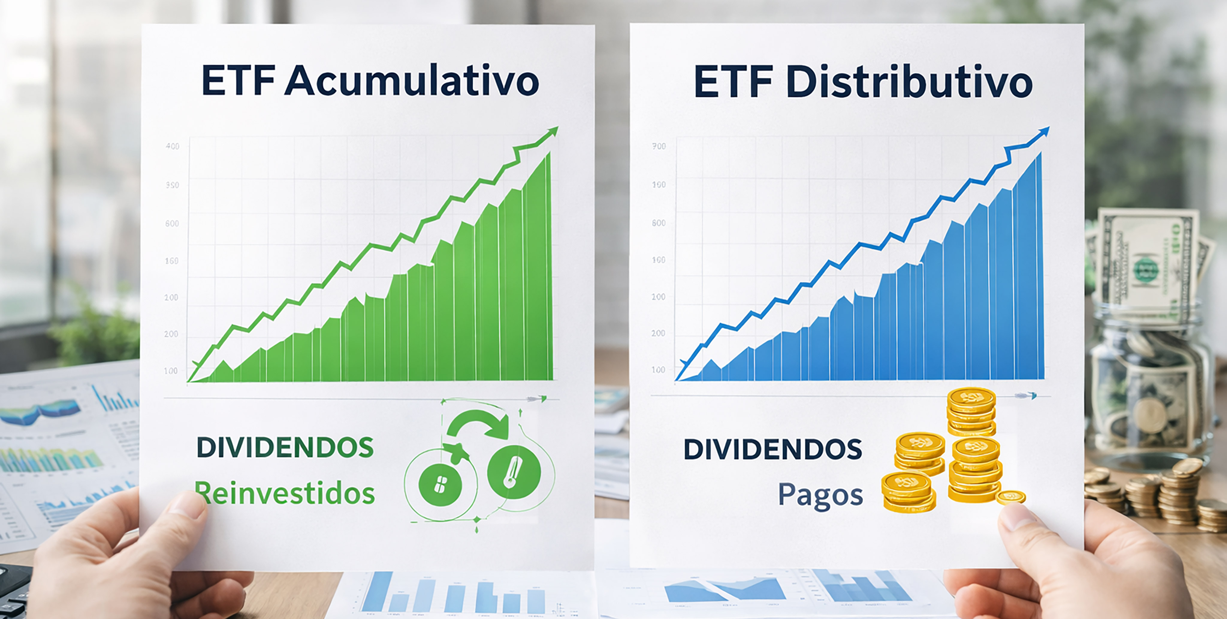 Dois grÃ¡ficos impressos em papel um ao lado do outro a comparar ETF acumulativo e ETF distributivo