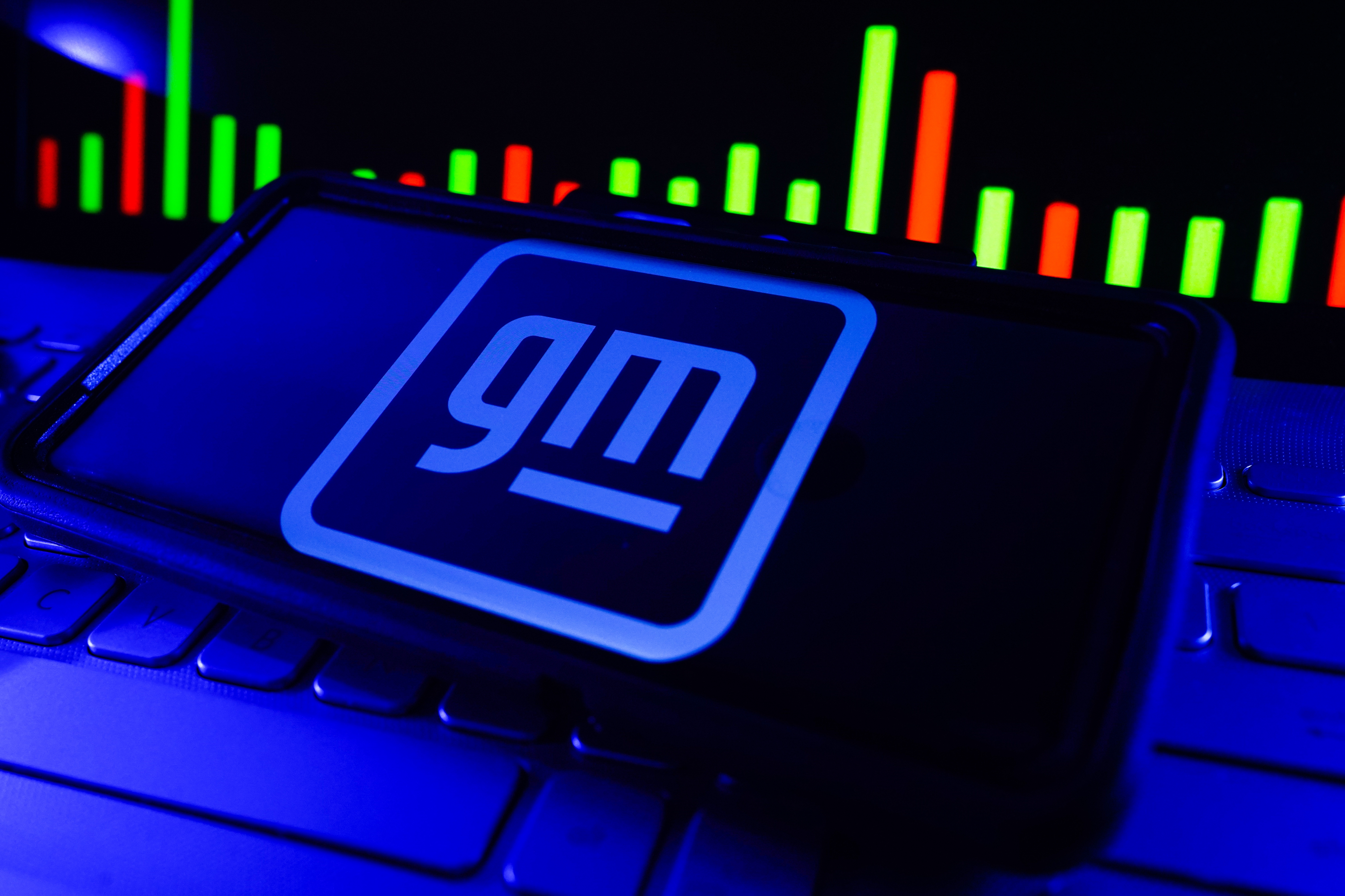 Nueva ciudad de York, Nueva York - 10 de septiembre de 2025: Logotipo de GM General Motors Brand Company en pantalla con tendencias de grÃ¡ficos bursÃ¡tiles y Colores vibrantes