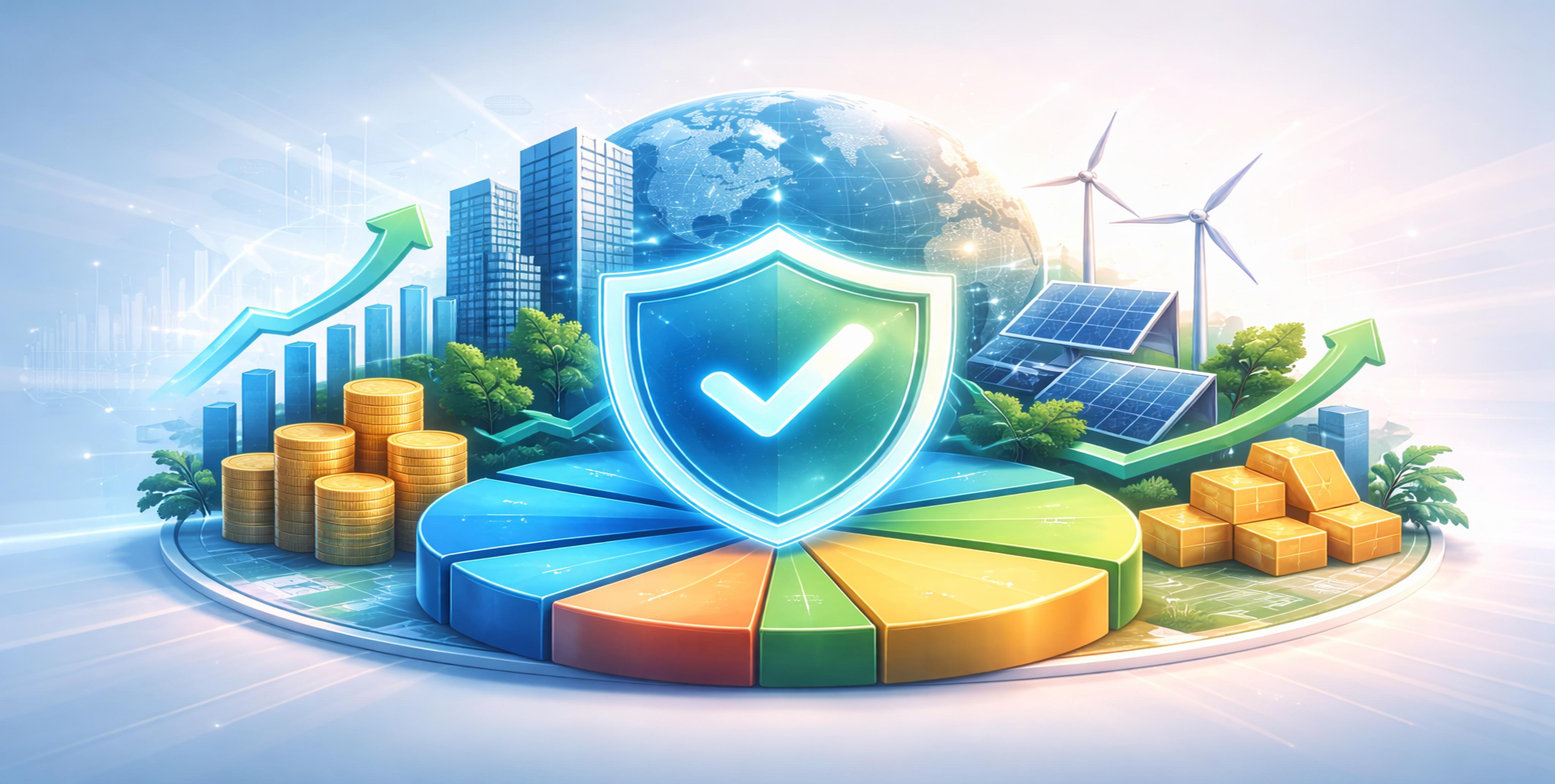 IlustraÃ§Ã£o com grÃ¡ficos de investimento positivos, pilhas de moedas, barras de ouro, e sÃ­mbolos de energia sustentÃ¡vel