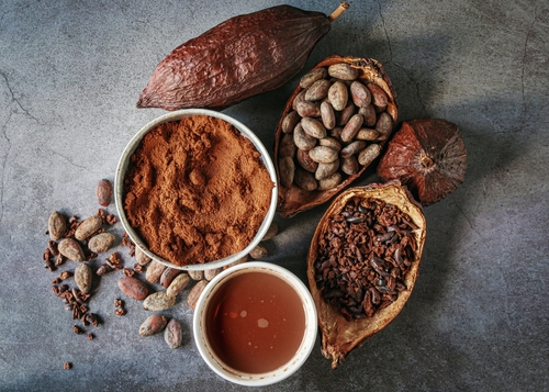 Bebida de cacao, cacao en polvo natural con granos de cacao marrón y vaina de cacao