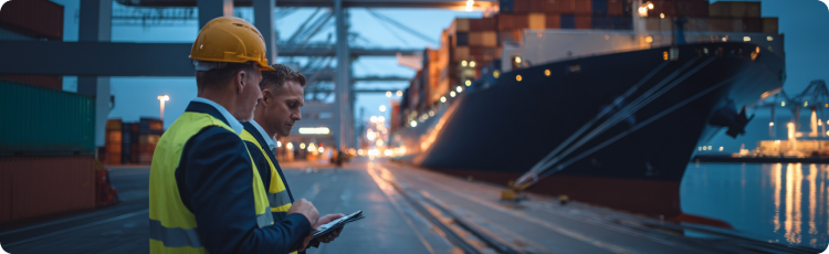 Dua pria mengenakan rompi keselamatan dan helm proyek sedang memeriksa operasi pengangkutan barang di pelabuhan yang sibuk, menggambarkan peluang investasi di industri transportasi dan logistik
