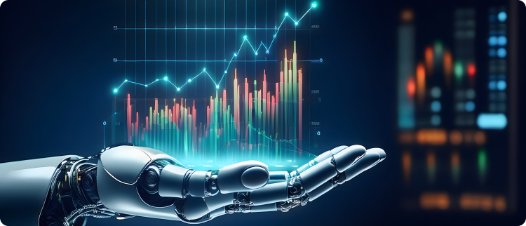 Tangan robot menampilkan grafik pasar saham, menekankan integrasi robotika dalam analisis keuangan