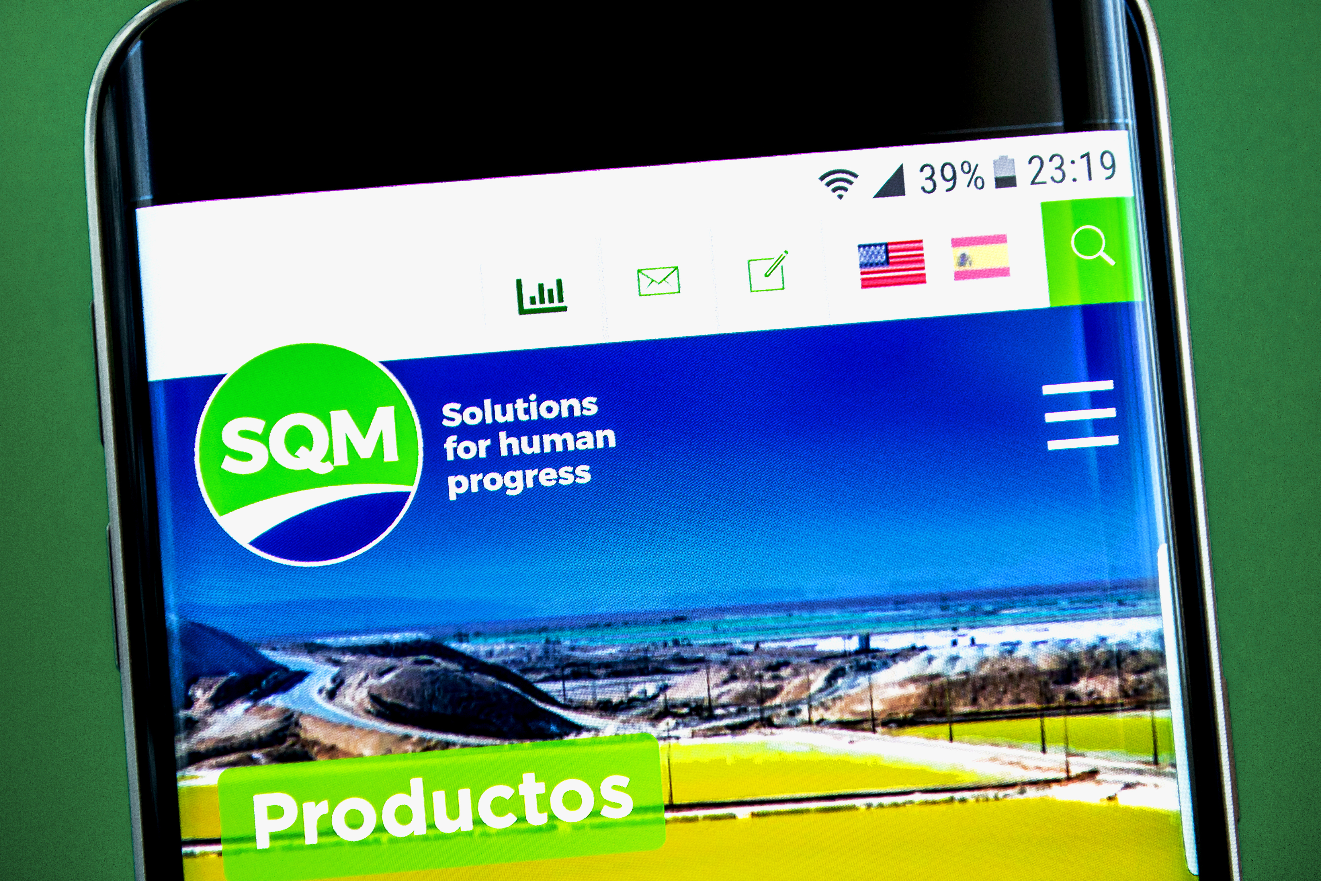 Berdyansk, Ukraine - 1 July 2019: Illustrative Editorial, SQM website homepage. SQM logo visible on the phone screen.