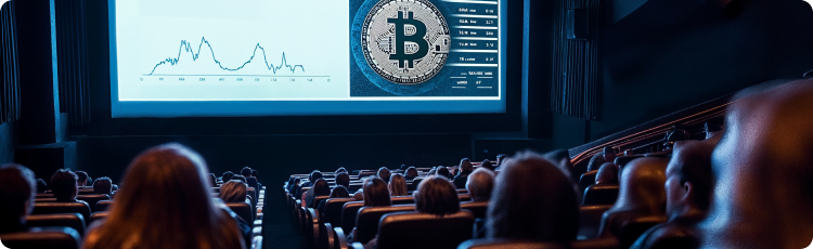 Emberek egy szÃ­nhÃ¡zteremben, nagy kivetÃ­tÅn Bitcoin Ã¡rfolyam-grafikonnal Ã©s digitÃ¡lis Ã©rme vizuÃ¡lokkal.