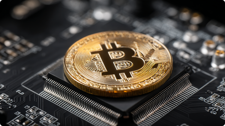 Arany Bitcoin Ã©rme egy szÃ¡mÃ­tÃ³gÃ©pchipen, a digitÃ¡lis eszkÃ¶zÃ¶k, a blokklÃ¡nc technolÃ³gia Ã©s a kriptovaluta piac infrastruktÃºrÃ¡jÃ¡nak szimbÃ³luma.