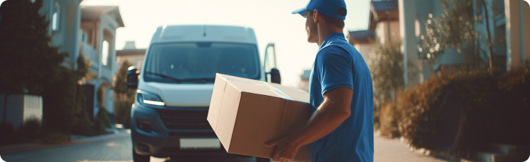 KézbesÃtÅ futár kék egyenruhában és sapkában, nagy kartondobozt visz egy parkoló fehér futárfurgon felé egy napos lakóövezeti utcán.