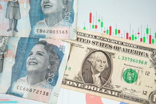 Billetes colombianos de 2.000 pesos y un billete de un dÃ³lar en los grÃ¡ficos financieros fluctuantes