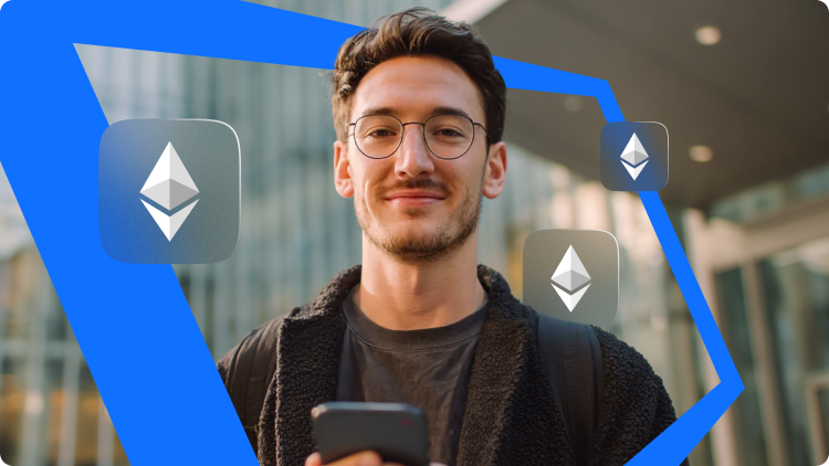 MuÅ¾ v okuliaroch a Äiernej bunde drÅ¾Ã­ mobilnÃ½ telefÃ³n s logami kryptomeny Ethereum, ktorÃ© sa vznÃ¡Å¡ajÃº okolo neho.