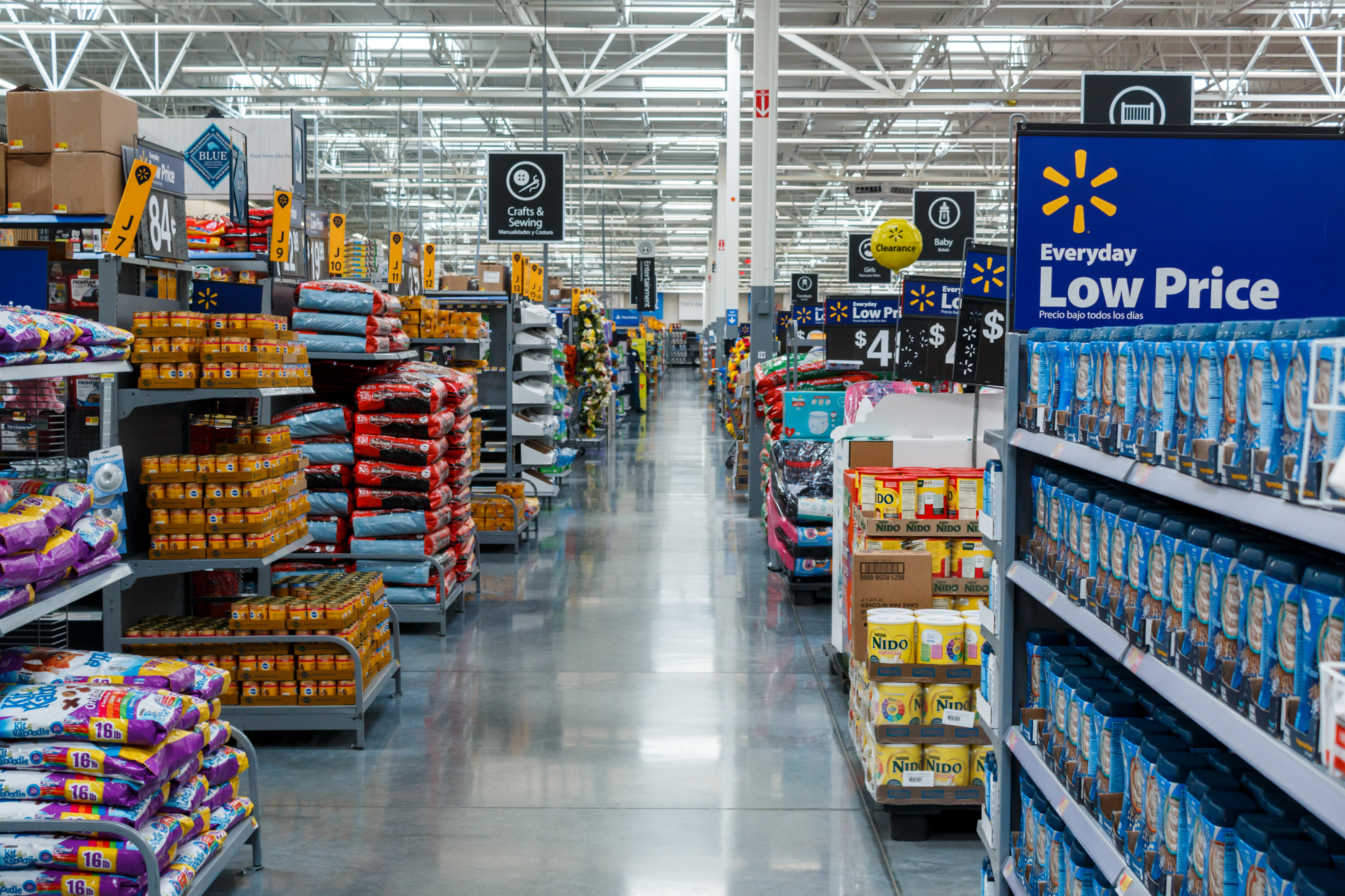 Miami/USA - April, 25 2019:Rows with products in Walmart. Walmart Inc. is an American multinational retail corporation  operates a chain of hypermarkets, discount department stores, and grocery stores