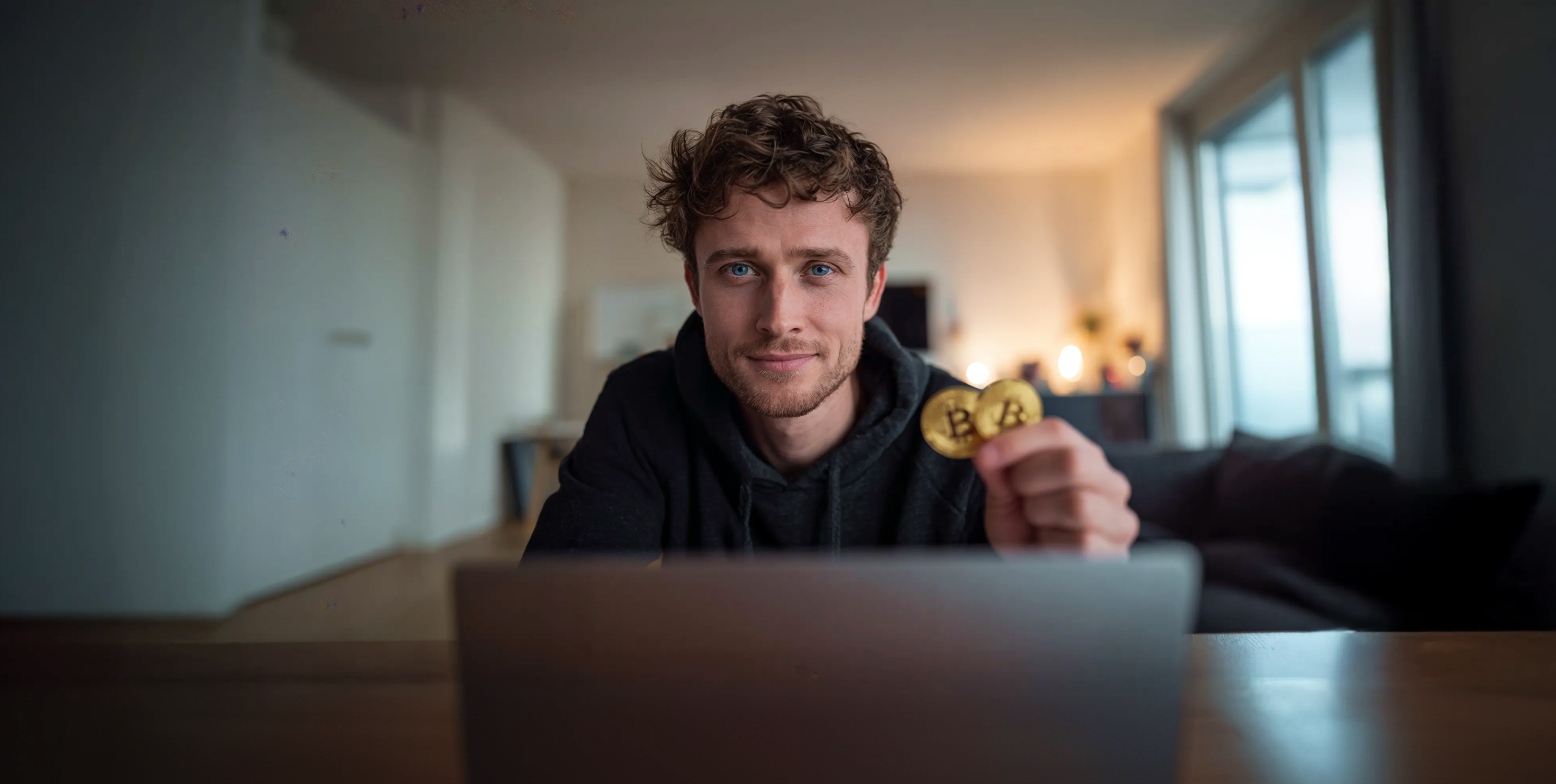 Fiatal fÃ©rfi Bitcoint Ã¡brÃ¡zolÃ³ Ã©rmÃ©ket tart a kezÃ©ben laptop hasznÃ¡lata kÃ¶zben, a kriptobefektetÃ©sek Ã©s a digitÃ¡lis eszkÃ¶zÃ¶k irÃ¡nti Ã©rdeklÅdÃ©s vizuÃ¡lis megjelenÃ­tÃ©sekÃ©nt.