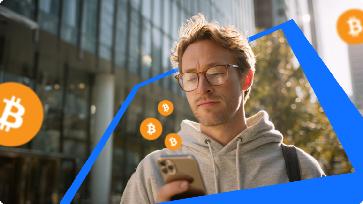 Szabadban okostelefont hasznÃ¡lÃ³ fÃ©rfi, kÃ¶rÃ¼lÃ¶tte Bitcoin szimbÃ³lumok, a kriptovaluta befektetÃ©sek irÃ¡nti Ã©rdeklÅdÃ©st jelkÃ©pezve.