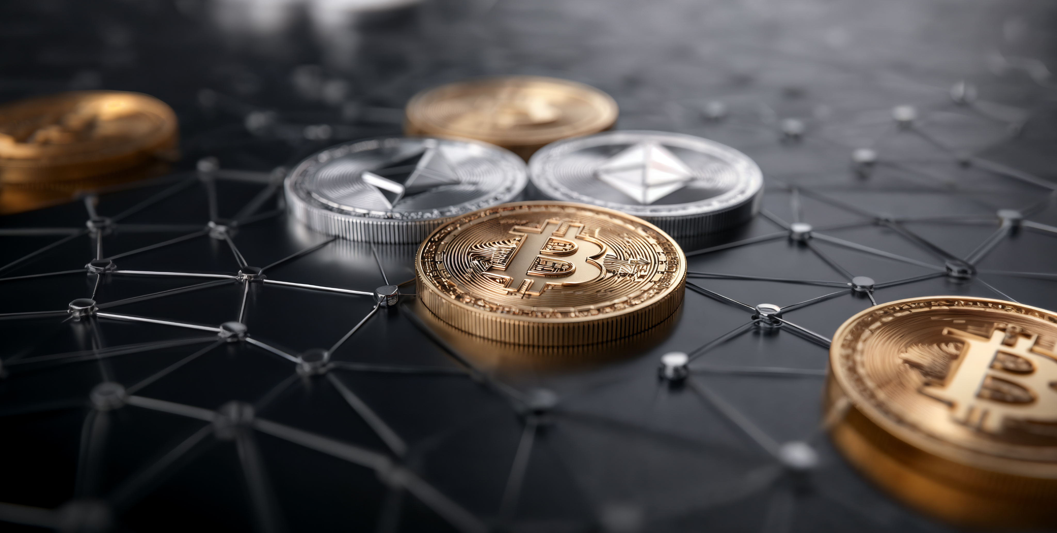 Bitcoin Ã©s Ethereum Ã©rmÃ©k digitÃ¡lis hÃ¡lÃ³zati hÃ¡ttÃ©ren, a kriptokereskedÃ©s, a blokklÃ¡nc-technolÃ³gia Ã©s a decentralizÃ¡lt pÃ©nzÃ¼gyi piacok szimbÃ³lumaikÃ©nt.