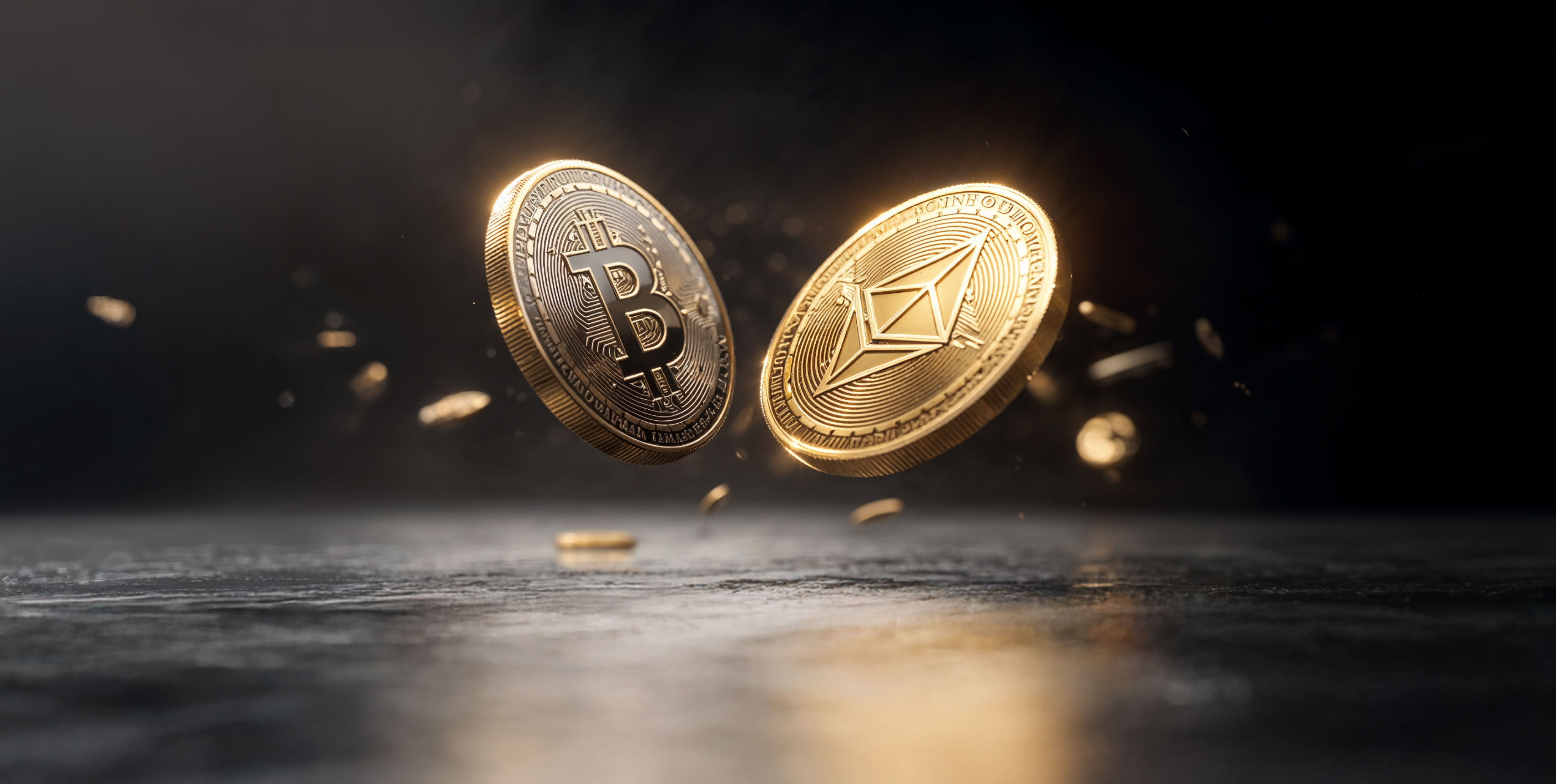 AranyszÃ­nÅ± Bitcoin- Ã©s Ethereum-Ã©rmÃ©k lebegnek sÃ¶tÃ©t hÃ¡ttÃ©r elÅtt, a kriptovaluta-piacokat, a digitÃ¡lis eszkÃ¶zÃ¶ket Ã©s a kriptokereskedÃ©si befektetÃ©seket szimbolizÃ¡lva.