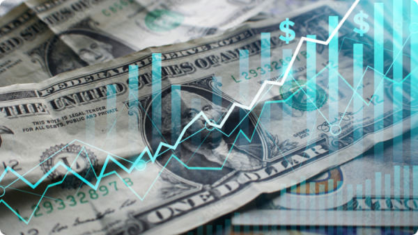 กราฟแสดงหุ้นบนธนบัตรดอลลาร์สหรัฐ แสดงการลงทุนและผลกำไร