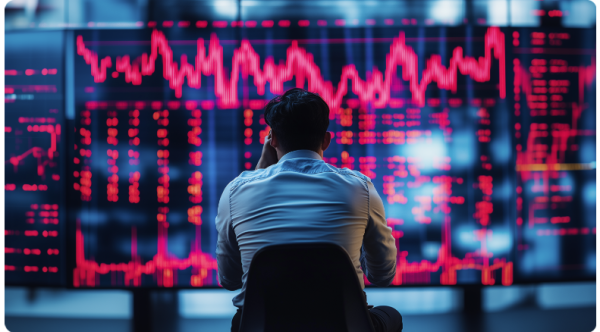 Un homme assis devant un grand écran affichant des données financières et des graphiques boursiers, concentré sur l’analyse des informations.