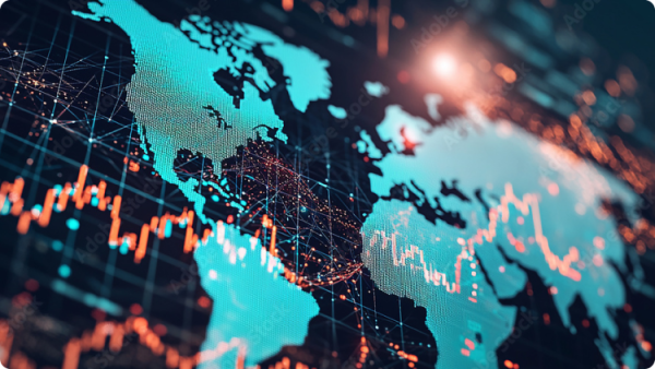 A visual representation of a global stock market index, showcasing various financial data and trends across different countries