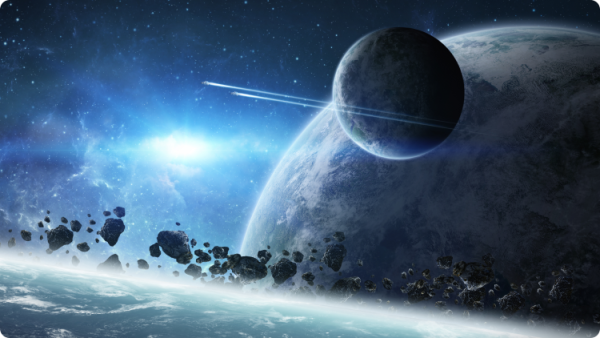 O planetă extraterestră cu un corp ceresc îndepărtat și roci împrăștiate pe suprafața sa, prezentând un peisaj din altă lume