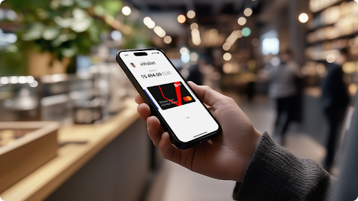 O persoană ține în mână un iPhone pe al cărui ecran este afișată o aplicație pentru carduri de credit, prezentând opțiunile de plată digitală