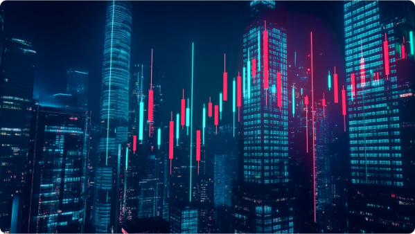 Đường chân trời thành phố về đêm, tòa nhà chọc trời lung linh ánh sáng trên nền trời tối.