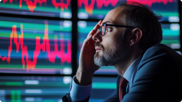 Mężczyzna w garniturze i krawacie analizujący wykresy giełdowe na cyfrowym ekranie, skupiony na danych finansowych.