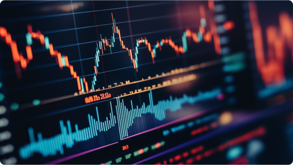 Vista em close-up de um gráfico de ações exibindo flutuações de preços e tendências ao longo do tempo
