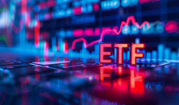 Graf s nápisem ETF symbolizující obchodování s fondy obchodovanými na burze.