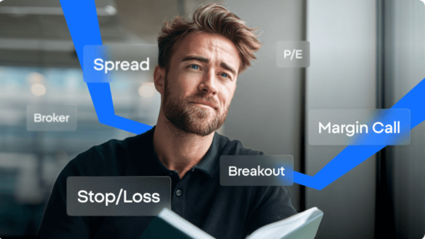 رجل يطالع كتاباً مع مصطلحات تداول مثل الإنتشار، نداء الهامش، وقف الخسارة، و الإنكسار تظهر حوله