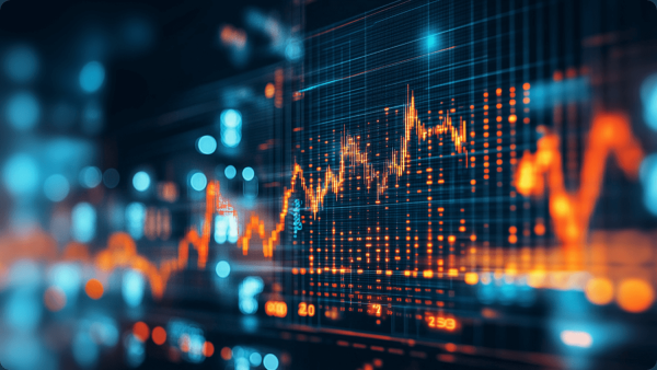 Grafik saham pada latar biru, menampilkan tren dan fluktuasi pasar secara visual