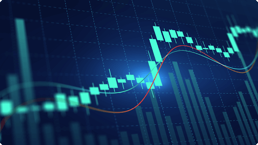 กราฟหุ้นแสดงรูปแบบแท่งเทียน ซึ่งแสดงแนวโน้มตลาดและการเคลื่อนไหวของราคาเมื่อเวลาผ่านไป