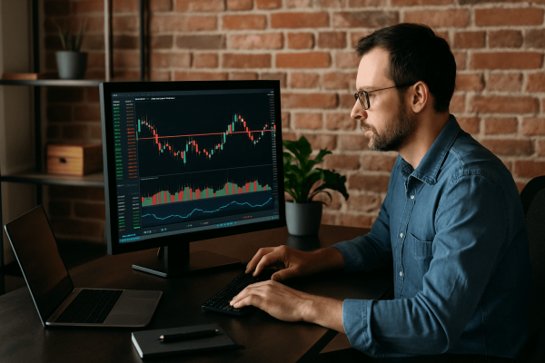 Homem a analisar gráficos de investimento CFDs em dois ecrãs