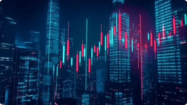 Um horizonte urbano vibrante à noite, com vários arranha-céus iluminados contra um céu escuro