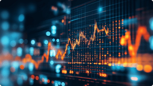 กราฟหุ้นบนพื้นหลังสีน้ำเงิน แสดงแนวโน้มและความผันผวนของตลาดอย่างชัดเจน
