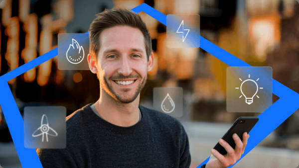 Smiling man holding smartphone surrounded by utility sector icons including electricity, water, gas, and energy, symbolizing beginner-friendly investment in utility stocks.