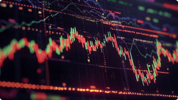 Vista em close-up de um gráfico do mercado de ações exibindo flutuações de preços e tendências ao longo do tempo