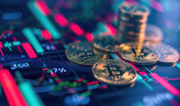 Zlaté mince s logem bitcoinu položené na obrazovce s grafem trhu, které reprezentují investování do bitcoinu a obecně do kryptoměn včetně bitcoin ETF a ETN.