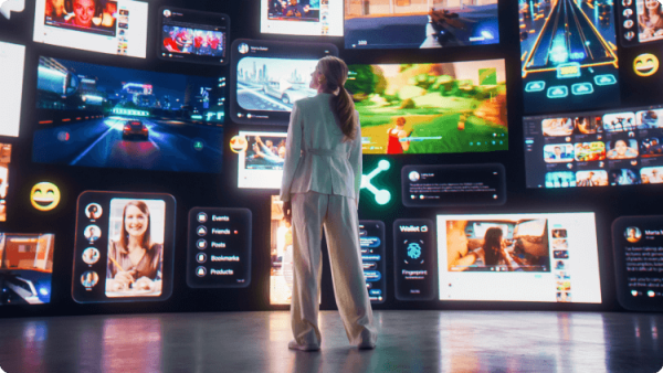 Seorang wanita berdiri di depan layar besar yang menampilkan beragam gambar dengan visual beraneka ragam dan warna-warna cerah