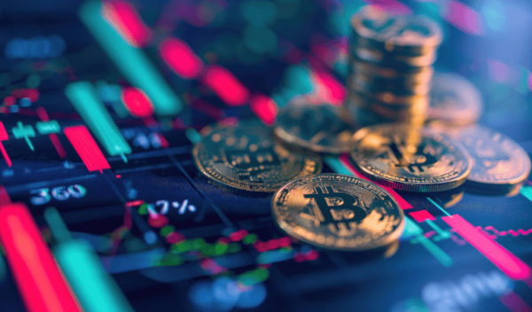 Bitcoin mince položené na obrazovke so sviečkovými grafmi